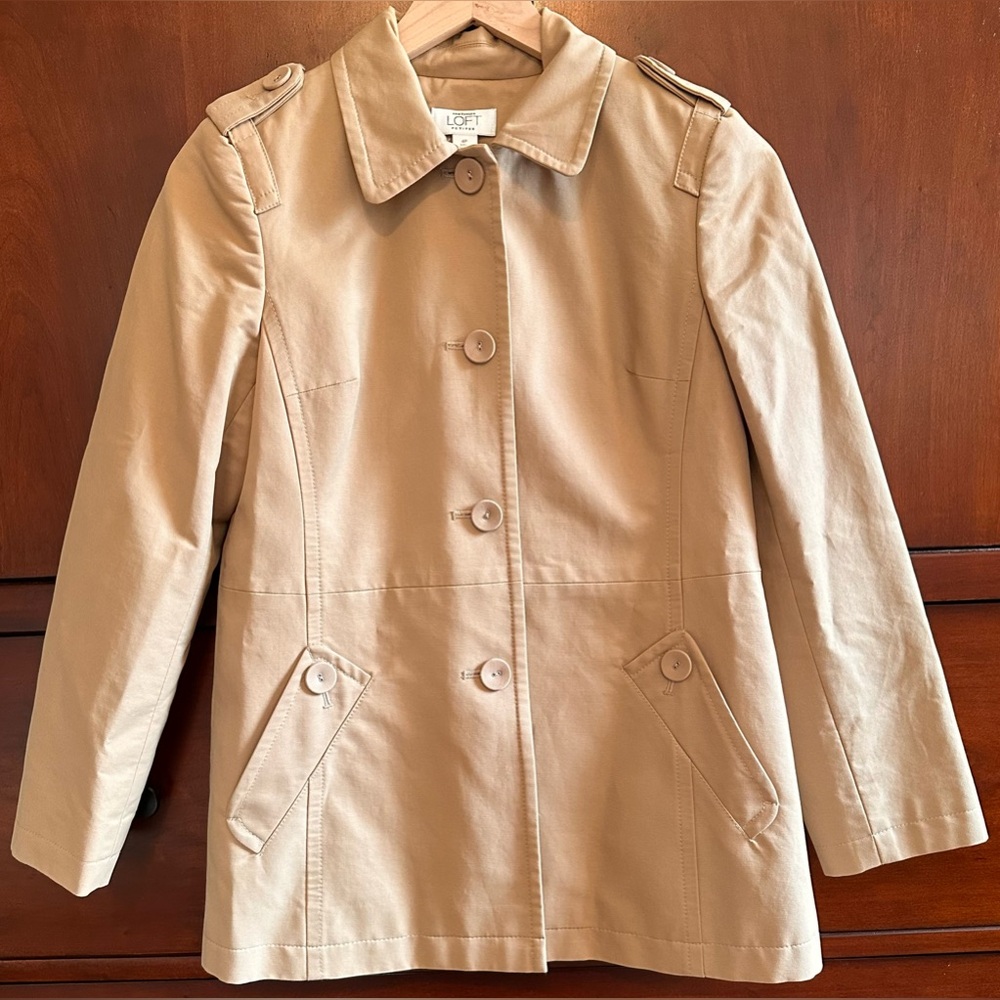 LADIES Ann Taylor Loft Petite Vintage Khaki Rain Trench Lined Pea Coat - SIZE 4P
